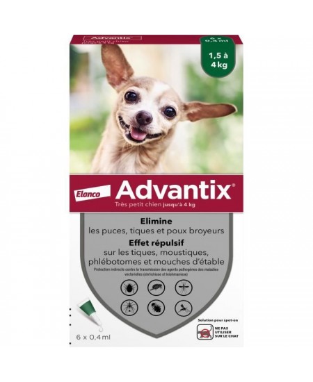 ADVANTIX Chien Solution Antiparasitaire Tres Petite Race 1,5 a 4kg 6 pipettes