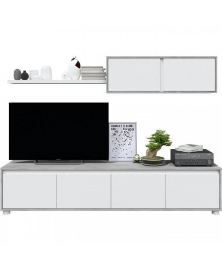 Ensemble meuble TV ALIDA - Meuble bas 4 portes + Meuble haut 2 portes + étagere suspendue - Blanc et ciment- L200xP41xH43 cm