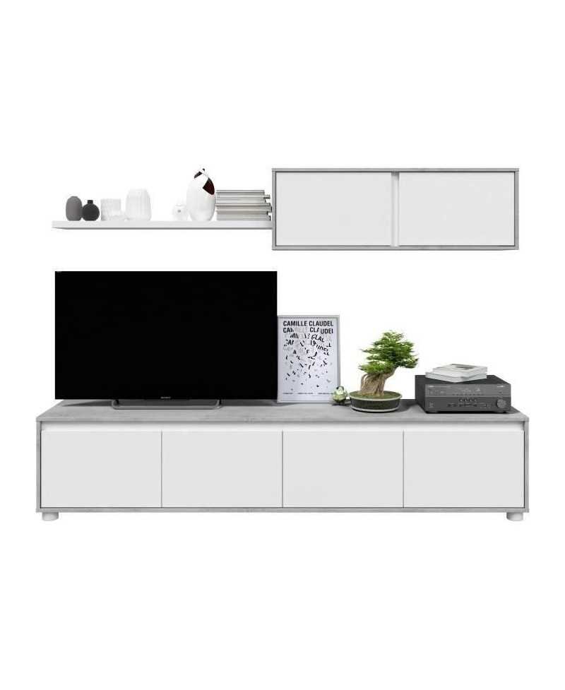 Ensemble meuble TV ALIDA - Meuble bas 4 portes + Meuble haut 2 portes + étagere suspendue - Blanc et ciment- L200xP41xH43 cm