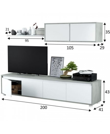 Ensemble meuble TV ALIDA - Meuble bas 4 portes + Meuble haut 2 portes + étagere suspendue - Blanc et ciment- L200xP41xH43 cm