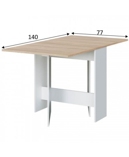 Table de cuisine rabattable FLY - Mélaminé blanc artik et chene - L 31/140 x P 77 x H 78 cm