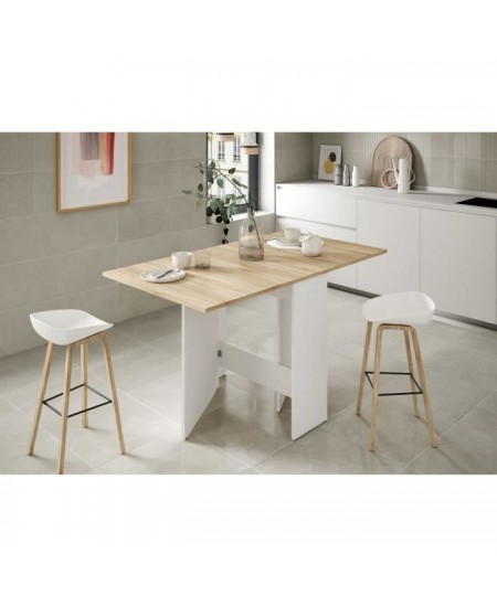 Table de cuisine rabattable FLY - Mélaminé blanc artik et chene - L 31/140 x P 77 x H 78 cm