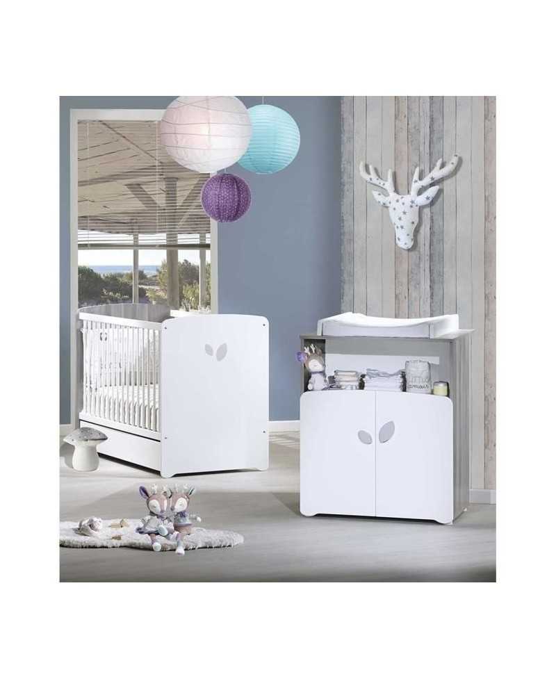 Chambre bébé duo Leaf: lit 120x60, commode a langer - Babyprice - Blanc