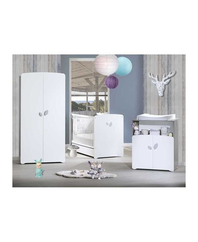 Chambre bébé trio Leaf: lit 120x60, commode a langer et armoire - Babyprice - Blanc