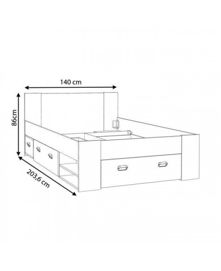 UDINE Lit adulte 140x200 cm 3 tiroirs + chevet - Blanc et décor béton