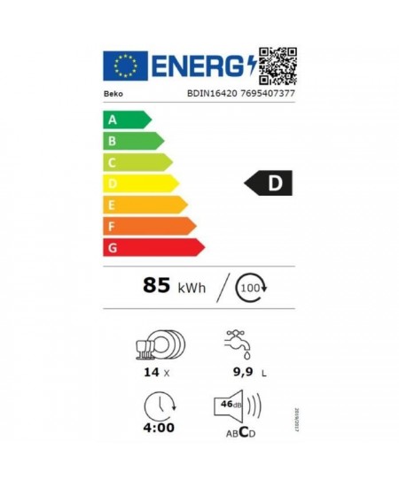 Lave-vaisselle tout intégrable BEKO BDIN16420 - 14 couverts - 46dB - Porte a glissieres - L60cm