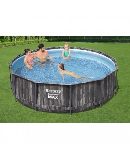 BESTWAY Piscine hors sol SteelPro Max ronde Décor bois, 366 x 100 cm, filtre a cartouche, échelle, diffuseur Chemconnect