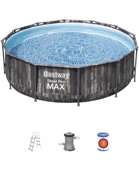 BESTWAY Piscine hors sol SteelPro Max ronde Décor bois, 366 x 100 cm, filtre a cartouche, échelle, diffuseur Chemconnect