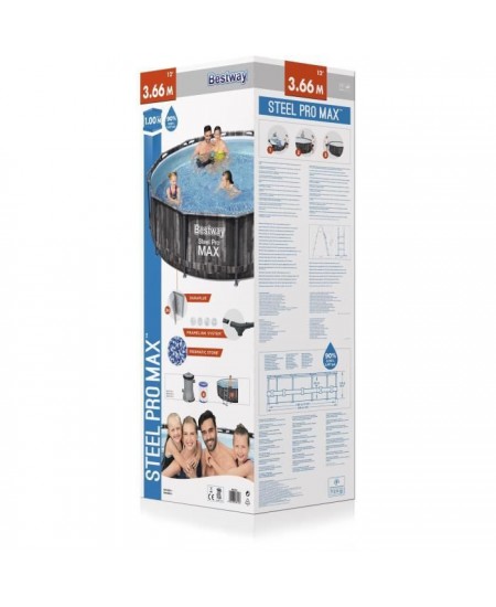 BESTWAY Piscine hors sol SteelPro Max ronde Décor bois, 366 x 100 cm, filtre a cartouche, échelle, diffuseur Chemconnect