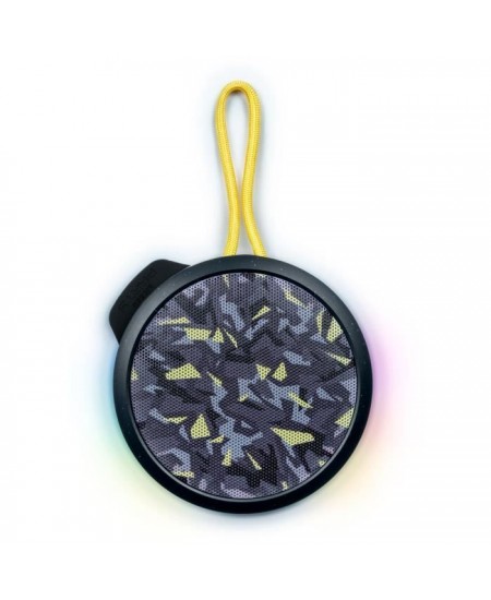 BIGBEN Party - Enceinte Bluetooth ronde avec dragonne et effets lumineux - 15W - Noir et jaune camouflage