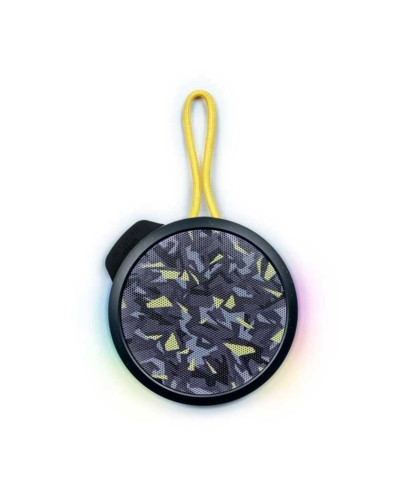 BIGBEN Party - Enceinte Bluetooth ronde avec dragonne et effets lumineux - 15W - Noir et jaune camouflage