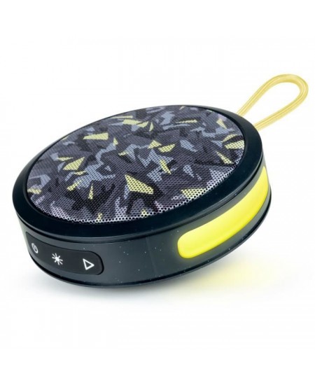 BIGBEN Party - Enceinte Bluetooth ronde avec dragonne et effets lumineux - 15W - Noir et jaune camouflage