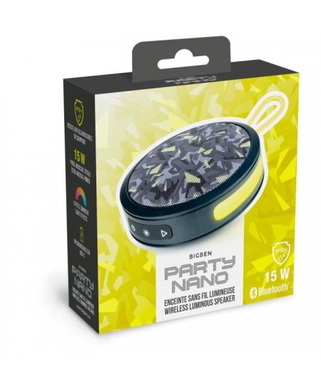 BIGBEN Party - Enceinte Bluetooth ronde avec dragonne et effets lumineux - 15W - Noir et jaune camouflage