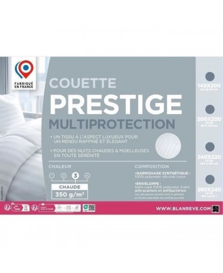 Couette chaude 200x200 cm BLANREVE PRESTIGE Multiprotection - 100% Polyester - 2 Personnes - Satin rayé