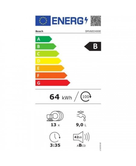 Lave-vaisselle tout intégrable BOSCH SMV6EDX00E SER6 - 13 couverts - Induction - 42dB - Classe B - Blanc