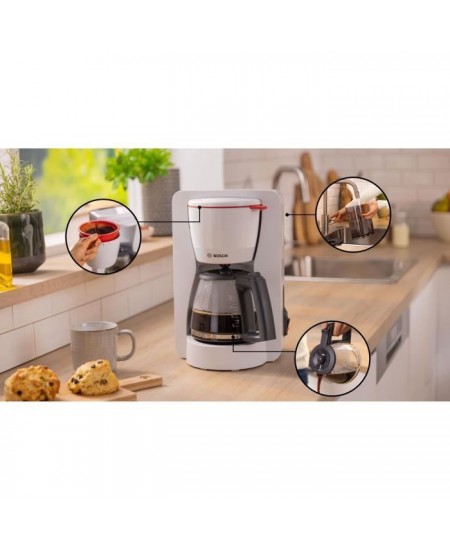 Cafetiere Filtre - BOSCH - TKA2M111 MyMoment - Blanche - Capacité 1,25L - verseuse verre - systeme anti-gouttes