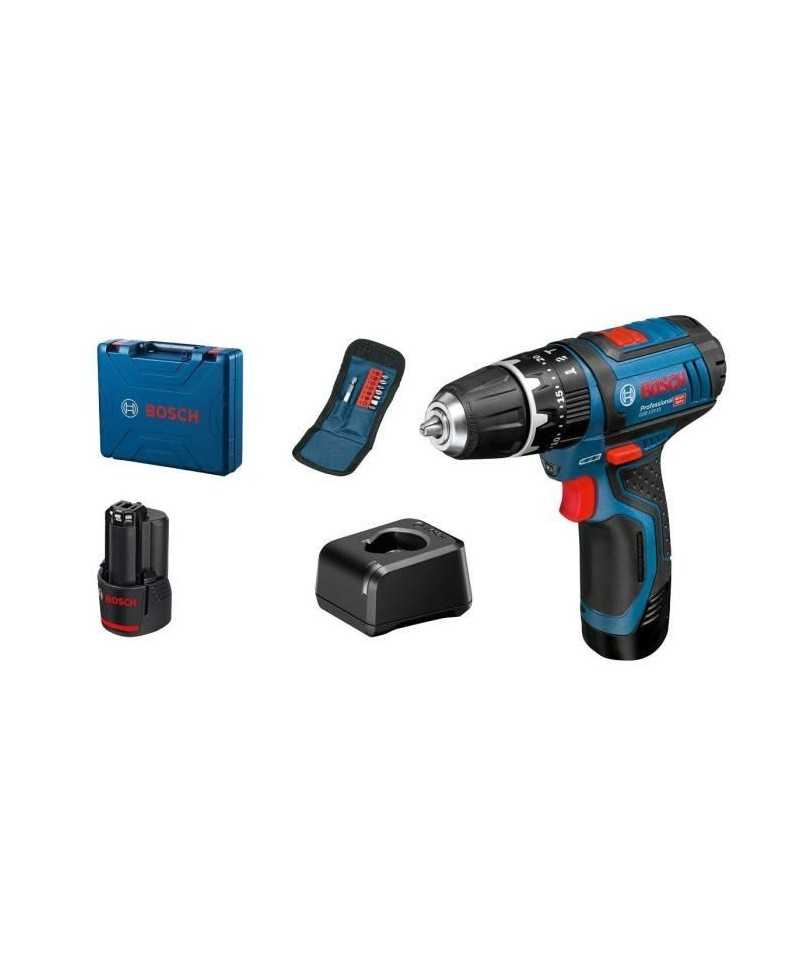 Perceuse-visseuse a percussion Bosch Professional GSB 12V-15 + 10 accessoires + 2 batteries 2,0Ah + Coffret