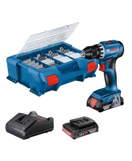 Perceuse-visseuse Bosch professional GSR 18V + 2 batteries 2,0Ah + chargeur + 82 pieces, en L-Case