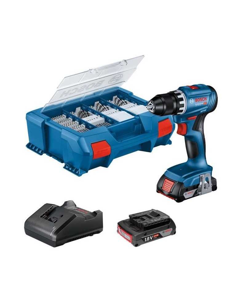 Perceuse-visseuse Bosch professional GSR 18V + 2 batteries 2,0Ah + chargeur + 82 pieces, en L-Case