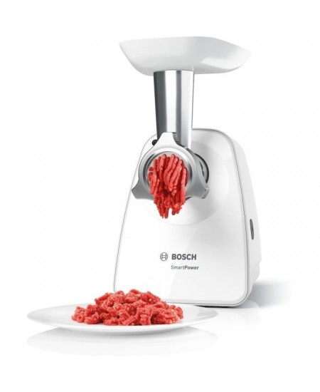 Hachoir a viande - BOSCH - MFW2514W SmartPower - Blanc - moteur bloqué 1500 W - 1,7 kg/mn - 2 grilles de hachoir - râpeur/émi