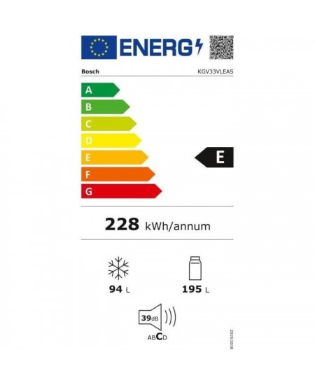 BOSCH KGV33VLEAS - Réfrigérateur congélateur bas - 288L (194+94) - Froid brassé - L 60cm x H 176cm - Inox