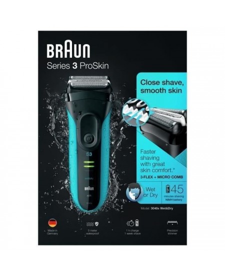 Rasoir électrique BRAUN Series 3 ProSkin 3040s Wet & Dry rechargeable - Bleu