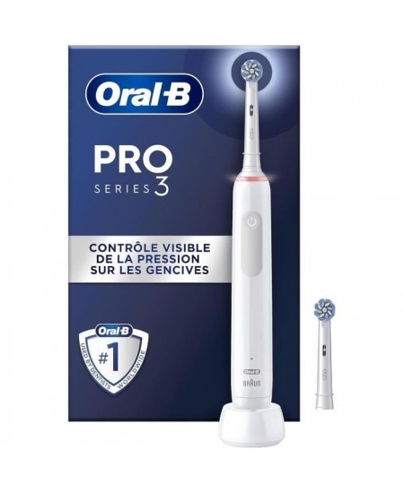 Brosse a Dents Électrique Oral-B Pro 3 3000 Blanche - 2 Brossettes - Tete Ronde - 3 Modes de Brossage