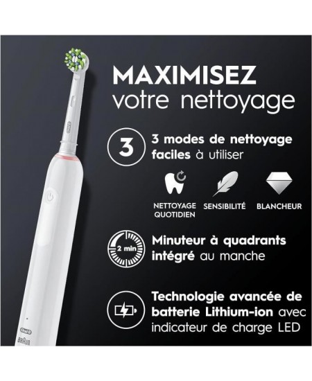 Brosse a Dents Électrique Oral-B Pro 3 3000 Blanche - 2 Brossettes - Tete Ronde - 3 Modes de Brossage