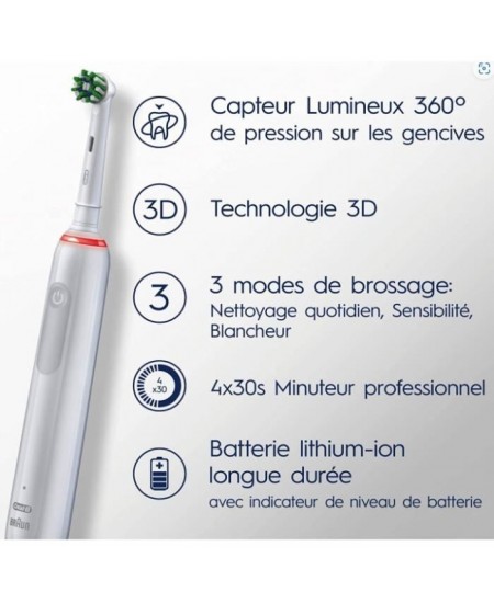 Brosse a Dents Électrique Oral-B Pro 3 3000 Blanche - 2 Brossettes - Tete Ronde - 3 Modes de Brossage