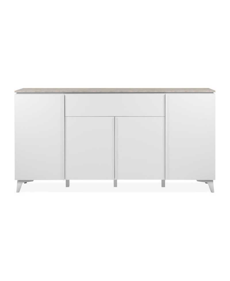 Buffet Bertrix 51A - Décor travertin / blanc - Panneaux de particules - 4 portes et étageres - 1 tiroir central - 177 x 92 x 4