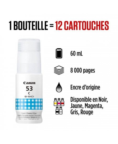 Bouteille d'encre - CANON - GI-53C - Cyan - Compatibilité PIXMA G650 et G550 - (4673C001)