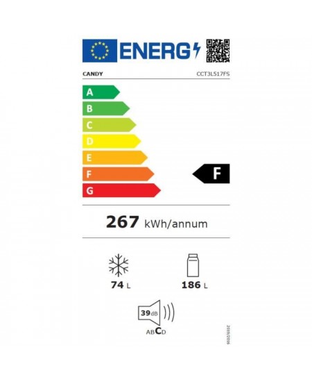 CANDY - CCT3L517FS - Réfrigérateur combiné 260 L (186 + 74) - Froid Statique Low Frost - Classe F - 54,5 x 176 cm - Silver