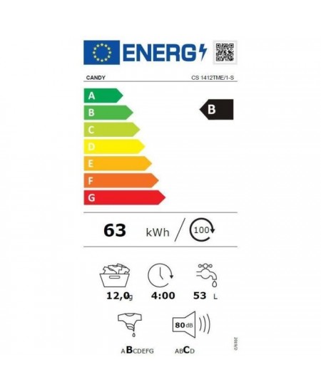 Lave-linge hublot CANDY CS1412TME/1-47 - 12 kg - Induction - 1400 trs/min - Connecté - Programmes rapides - Classe B - Blanc