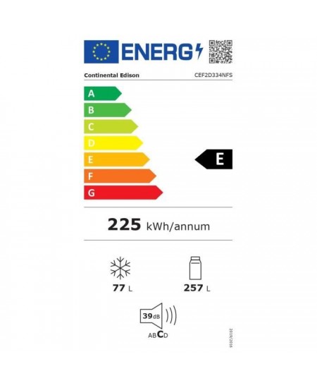 Réfrigérateur congélateur haut CONTINENTAL EDISON CEF2D334NFS - total No Frost - Classe E - moteur inverter - 334L -L60xH170c