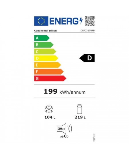 Réfrigérateur combiné CONTINENTAL EDISON CEFC323NFB - 323L - Total No Frost - display sur la porte - Classe D - Noir