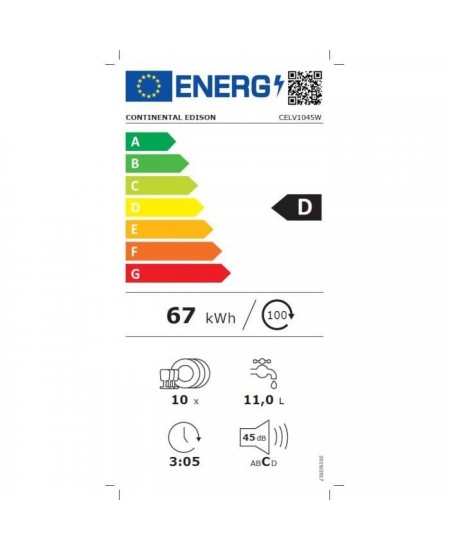 Lave-vaisselle pose libre CONTINENTAL EDISON CELV1045W - 10 couverts - Largeur 44,8 cm - Classe D - 45 dB - Blanc