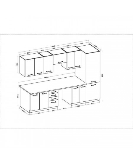 CHAMONIX Cuisine complete 300cm 8 éléments - Décor chene clair - L300 x P52 x H82 cm - Plan de travail non inclus