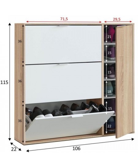 Meuble a chaussure - CLASS - 3 tiroirs abattants et 1 porte - Chene canadien et blanc - 106x115x22cm