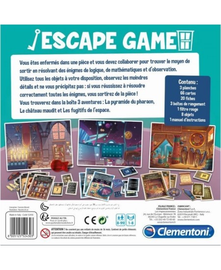 Clementoni - Escape Game - 3 pieces : Pharaon, Espace, Château - 1 a 8 joueurs