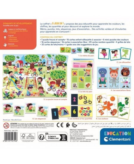 Clementoni - Coffret de 8 jeux en 1 - Jeux éducatifs formes, couleurs, nombres, quantités - Dés 3 ans