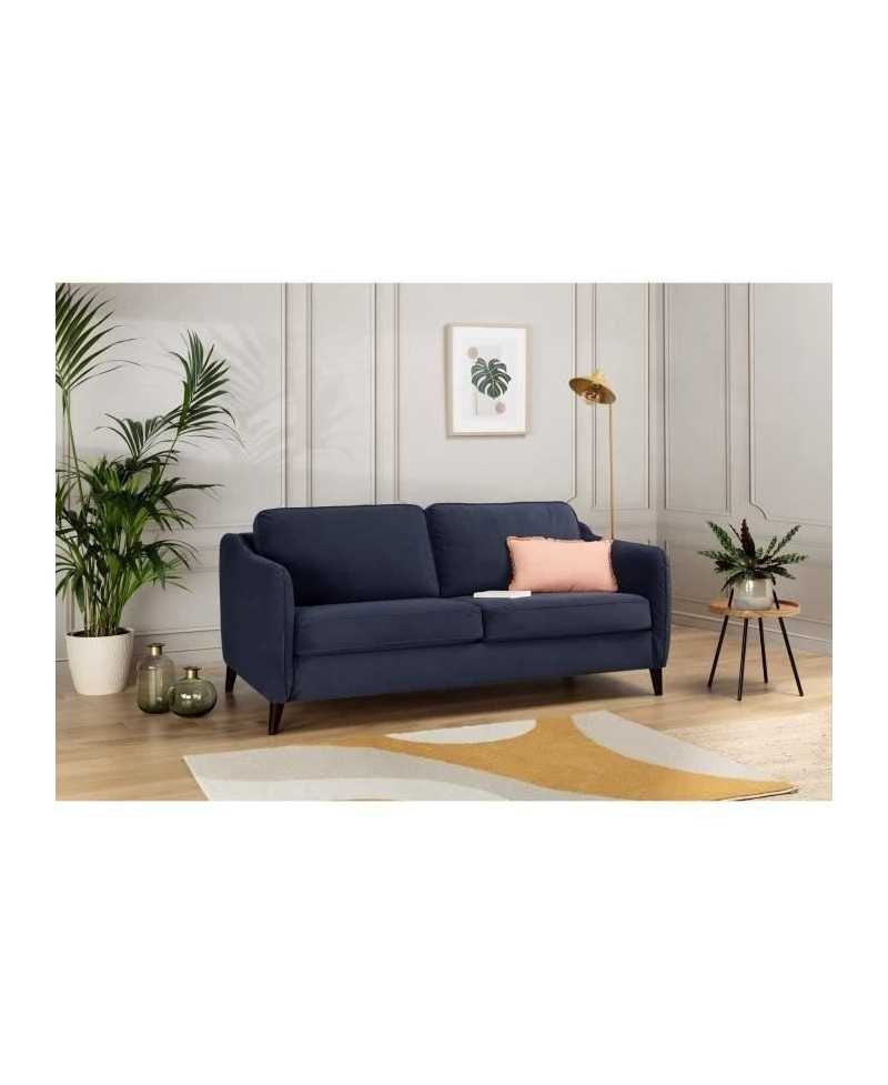 HEXAGONE Canapé convertible couchage express - 3 places - Velours bleu nuit - L 182 x P 85 x H 97 cm - CLYDE