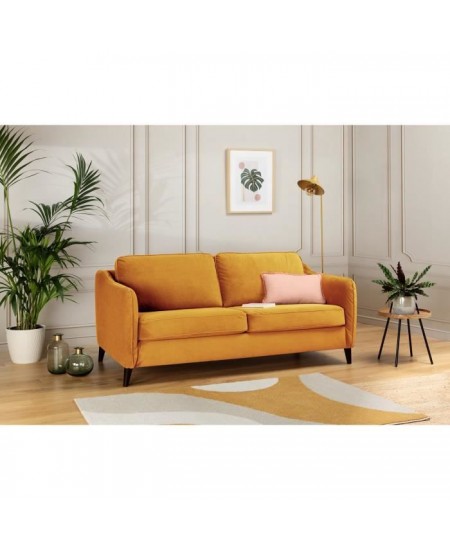 HEXAGONE Canapé Convertible 3 places - Velours ocre - Couchage express - L 182 x P 85 x H 97 cm - CLYDE