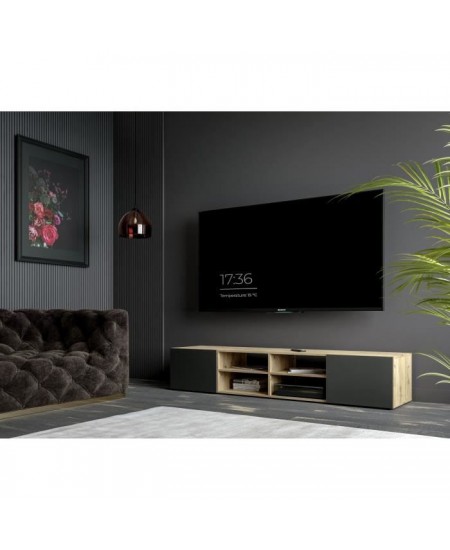 Meuble TV PILVI - Style contemporain- Décor Chene et noir - 2 Portes + 4 niches - L 180 x P 42 x H 37 cm