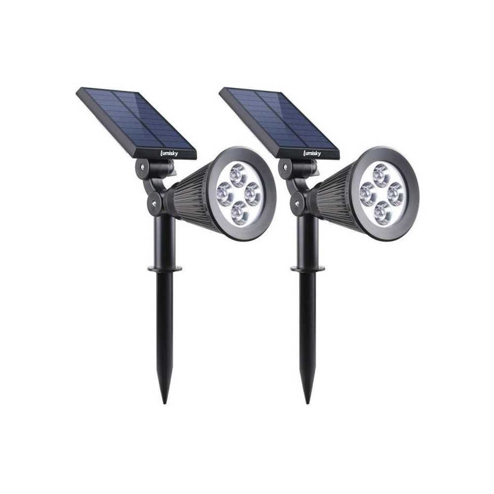 LUMISKY Pack de 2 Spots solaires extérieur étanches - 4 LEDs blanches - 200 Lm - Tête pivotante à 90°C