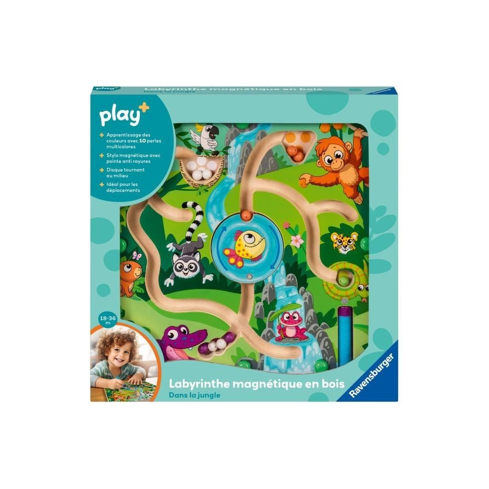 Ravensburger play+, Labyrinthe magnétique en bois - Dans la jungle ,