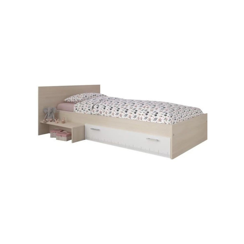 PARISOT Lit enfant l 90 x L 190 cm - Décor acacia et blanc tiroir - C