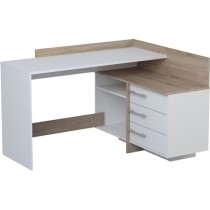 Bureau d'angle 3 tiroirs - Décor chene et blanc - L 128,5 x P 105,7 x