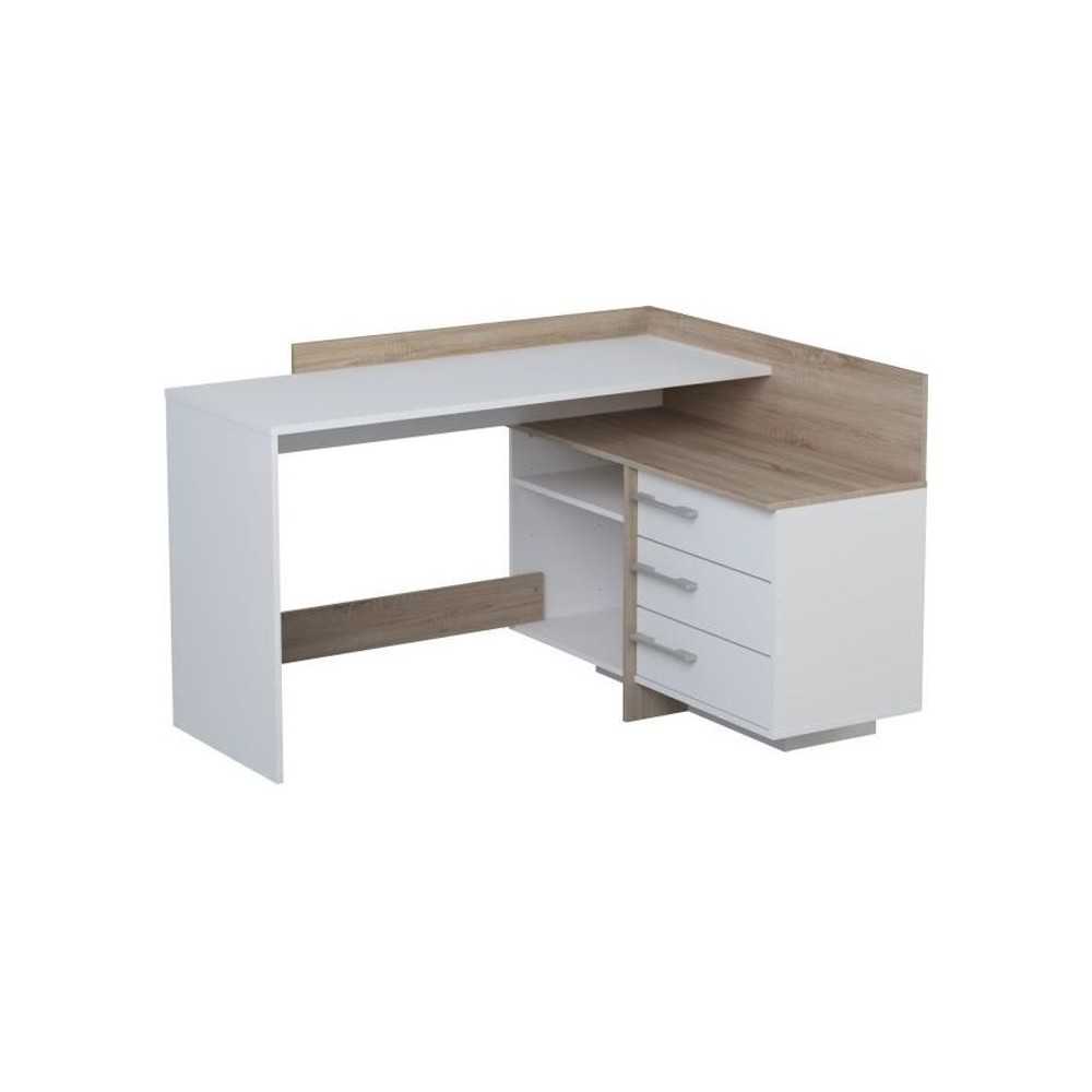 Bureau d'angle 3 tiroirs - Décor chene et blanc - L 128,5 x P 105,7 x