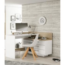 Bureau d'angle 3 tiroirs - Décor chene et blanc - L 128,5 x P 105,7 x