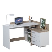 Bureau d'angle 3 tiroirs - Décor chene et blanc - L 128,5 x P 105,7 x